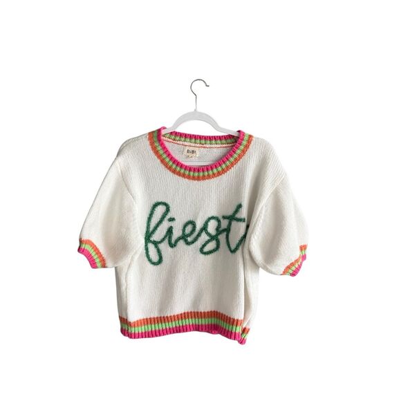 BiBi Womens White Green Fiesta Metallic Short Puff Sleeve Sweater Size Medium - Picture 5 of 12